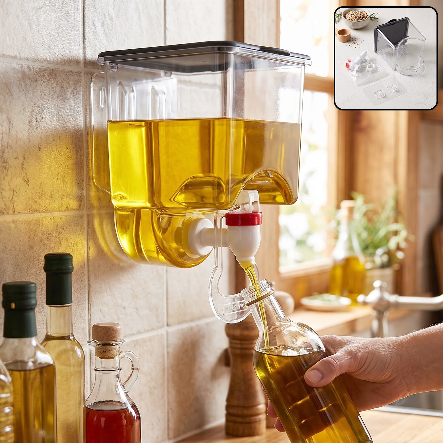 Wall mounted plastic oil dispenser in use