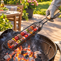 Metal Barbecue Grill Basket with Wooden Handle for Outdoor BBQ Cooking