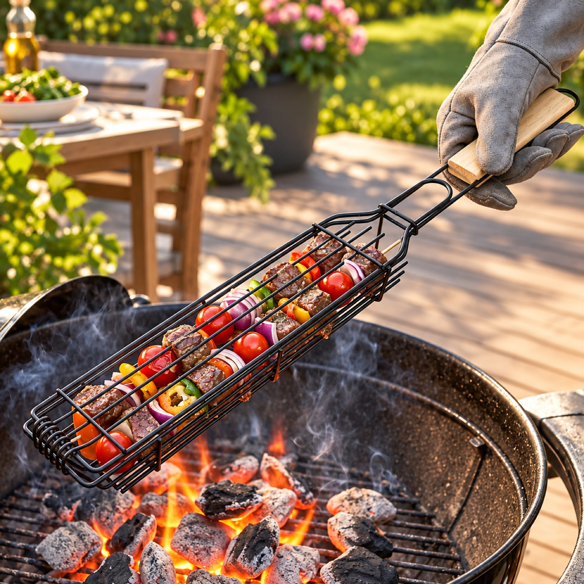 Metal Barbecue Grill Basket with Wooden Handle for Outdoor BBQ Cooking showcase