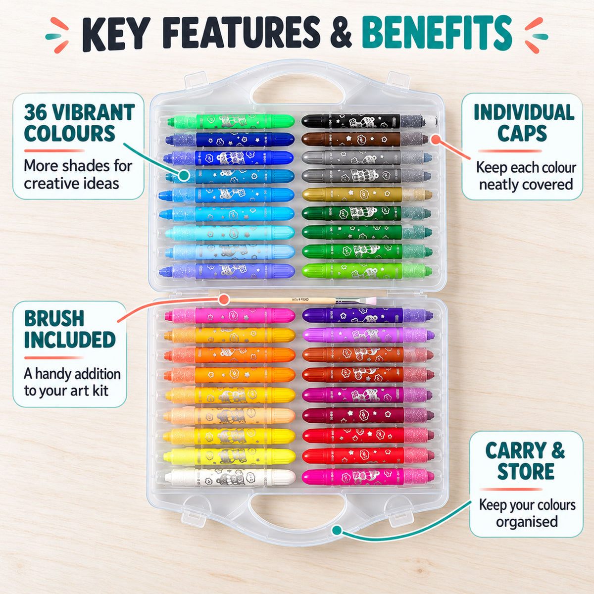 Water-Soluble Twist-Up Colour Crayons with Brush and Carry Case (36 Pc)
