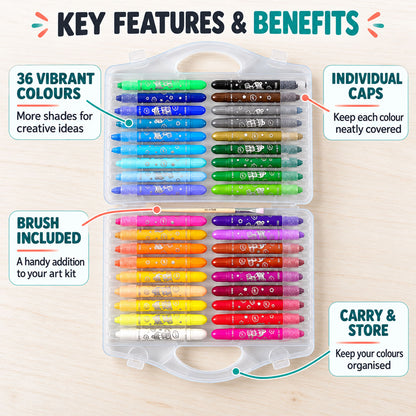 Water-Soluble Twist-Up Colour Crayons with Brush and Carry Case (36 Pc)