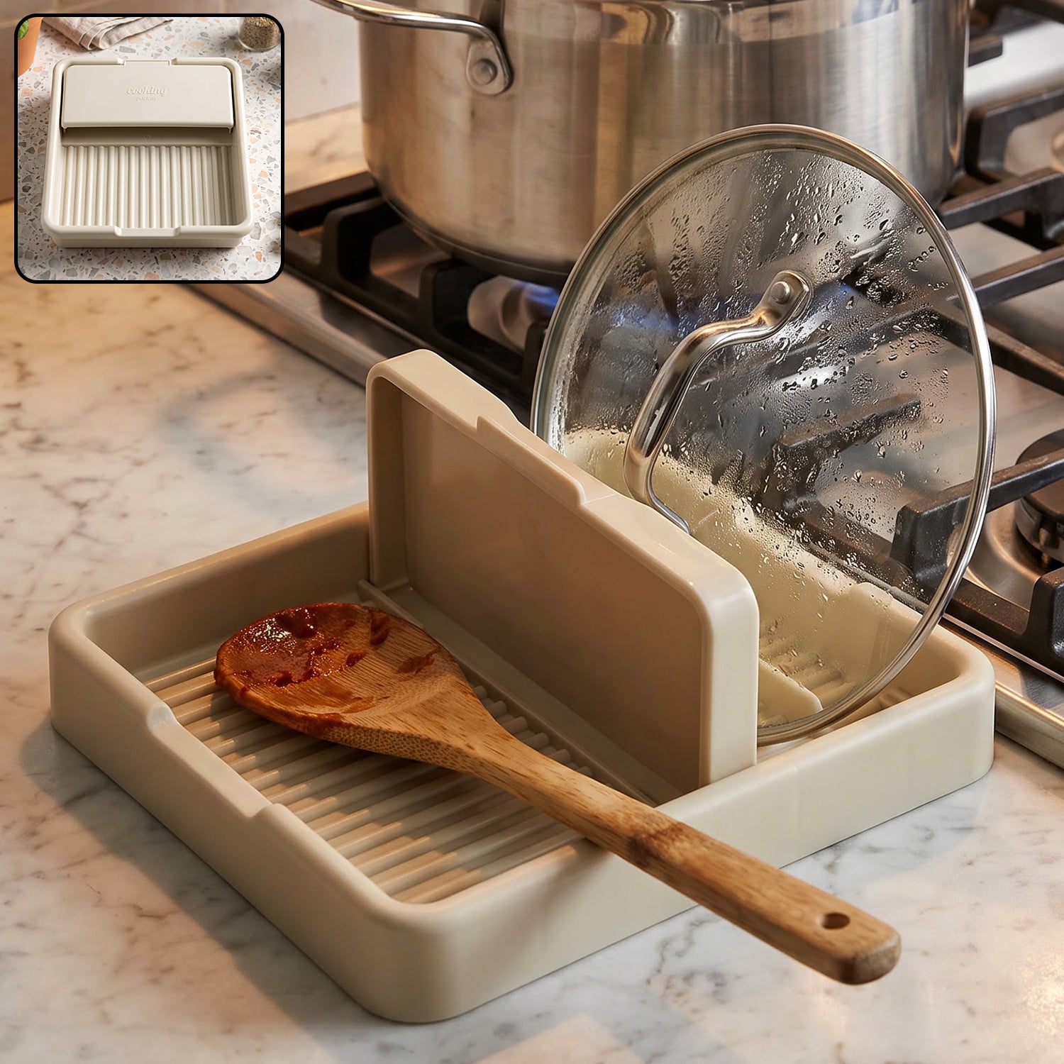 Plastic pot lid and cooking spoon holder - image 1