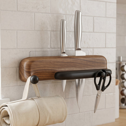 Wall mounted knife holder with hooks and roll dispenser