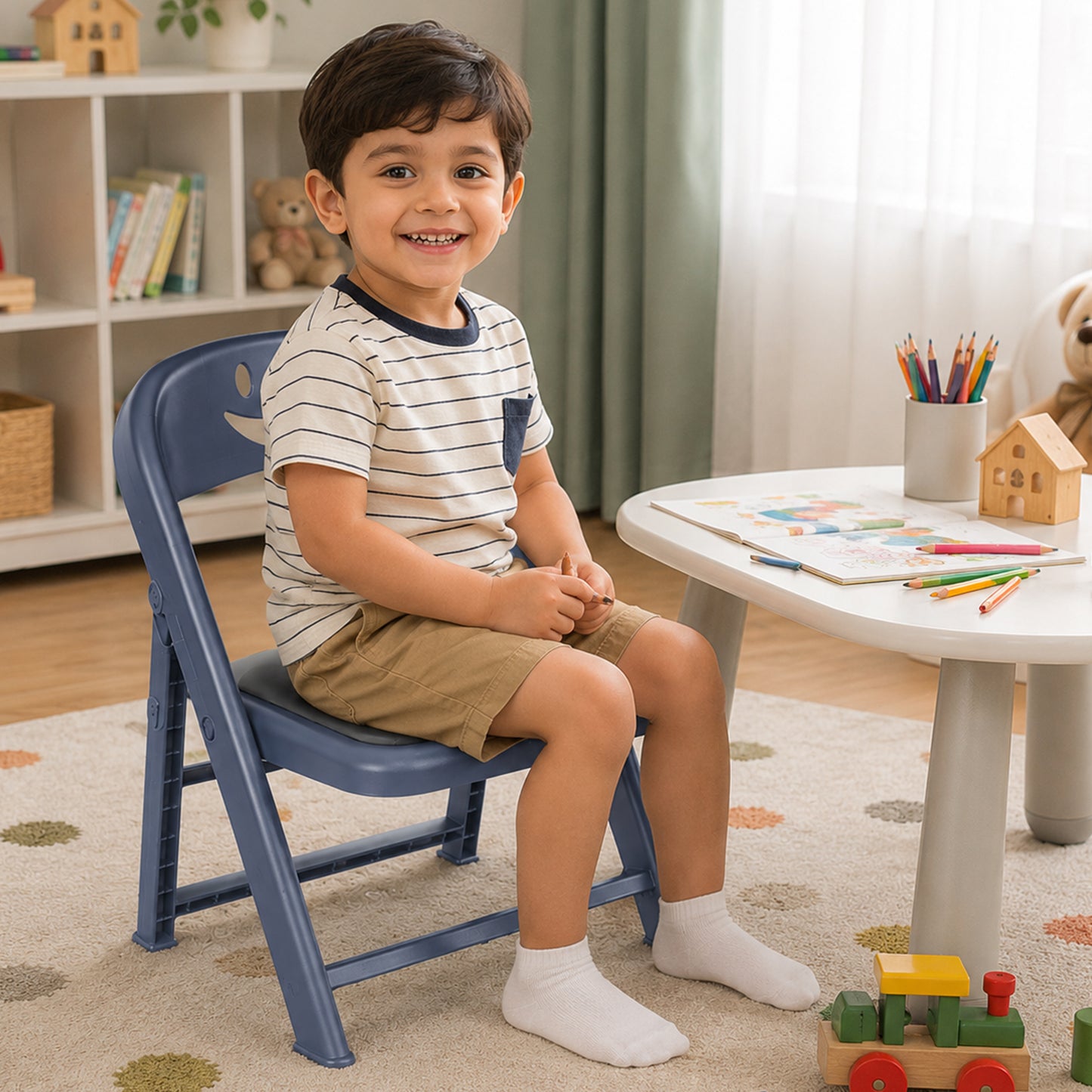 Child sitting on foldable cushioned chair