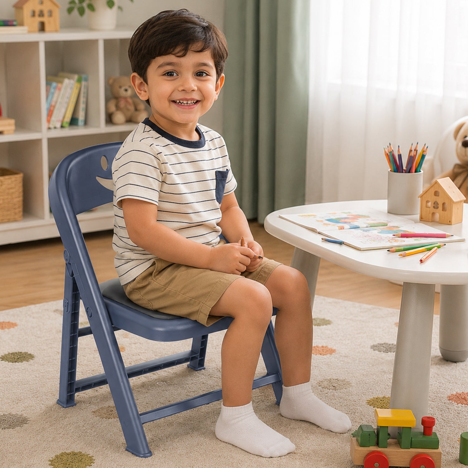 Child sitting on foldable cushioned chair