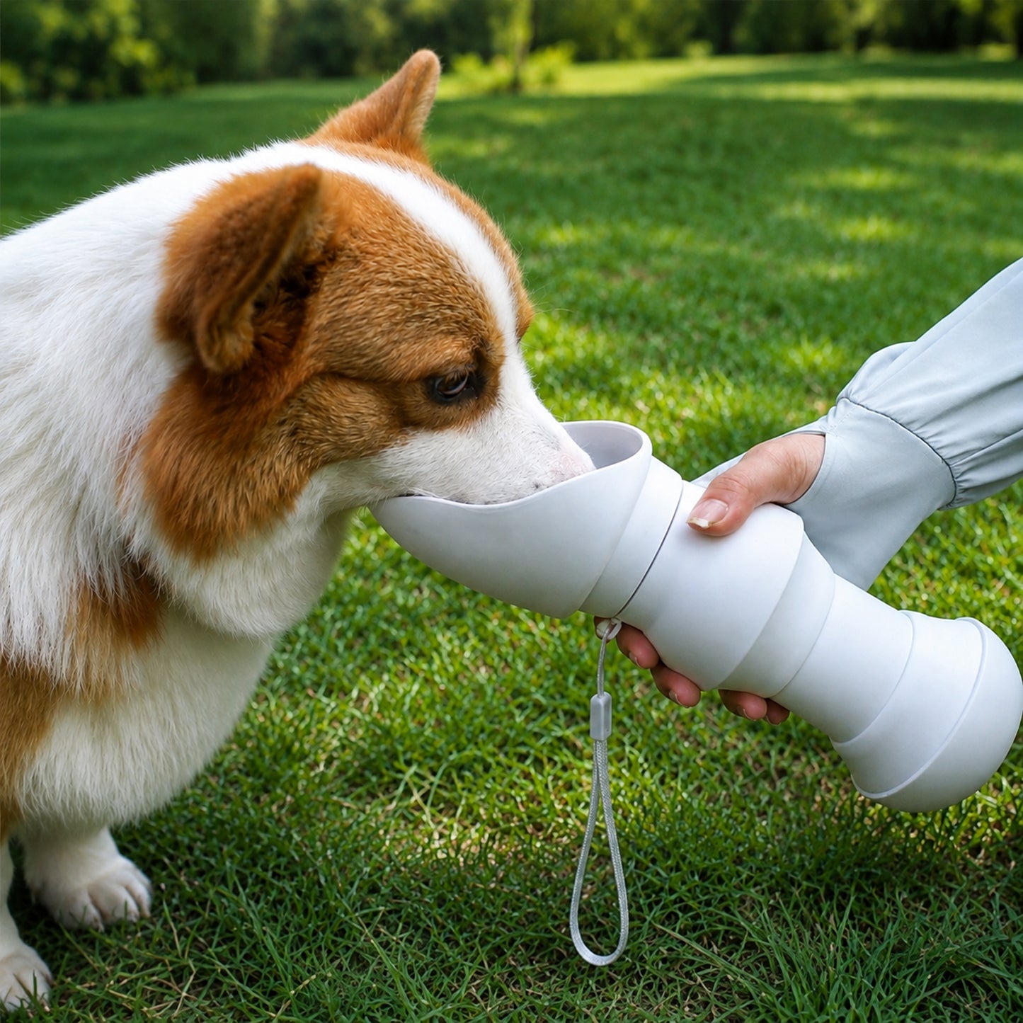 Portable pet feeding bowl and water dispenser in use
