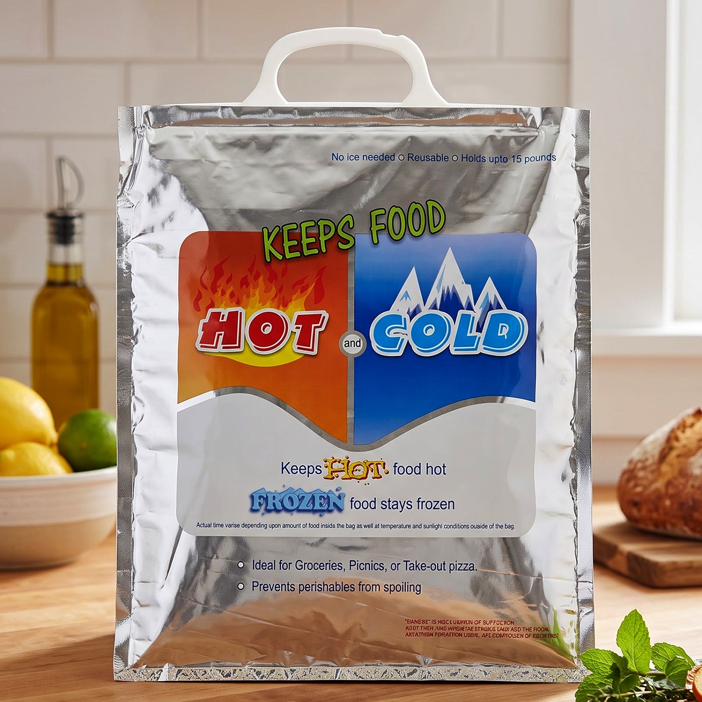 Reusable thermal food carrier bag front view