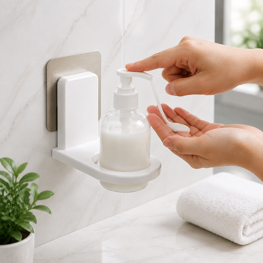 A person dispenses white lotion from a clear bottle in a white wall-mounted holder onto their hand.