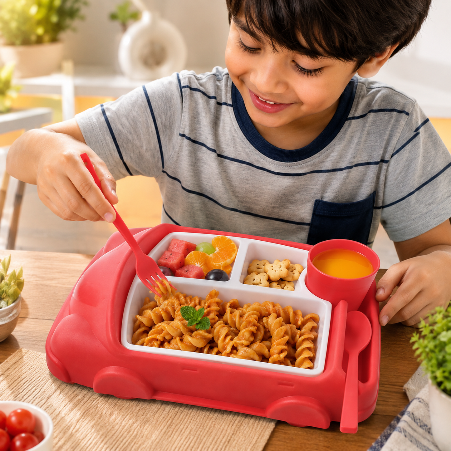 Kids Car Lunch Box Set – 4 Pcs Dinnerware & Suction Plate | Lunchie Bunchie