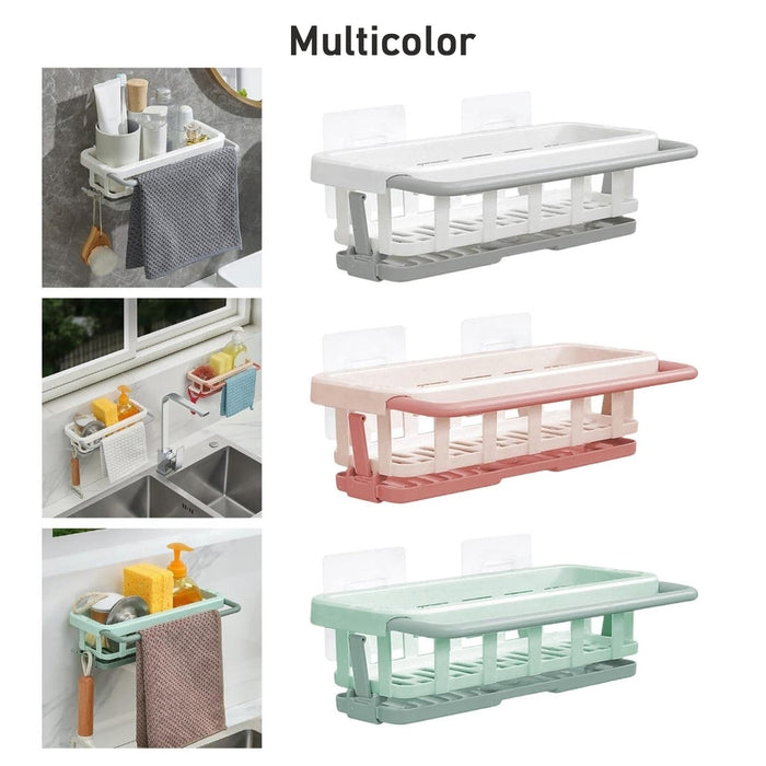 Multipurpose Platic Hanging Drain Rack Retractable Sponge Storage Hanging Rack With Adhesive Hook for Kitchen and Bathroom Dishcloth Holders Basket Drying Tray Organizer