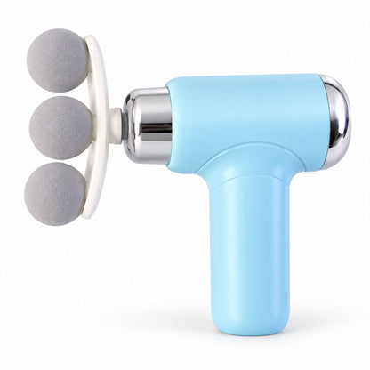 A light blue massage gun with three grey spherical heads attached, shown against a plain white background.