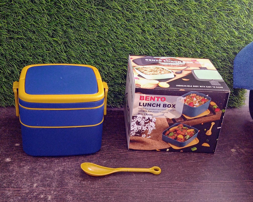 Customized BLUE DOUBLE-LAYER PORTABLE LUNCH BOX STACKABLE WITH CARRYING HANDLE AND SPOON LUNCH BOX , Bento Lunch Box