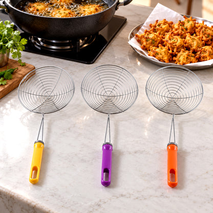 Stainless Steel Frying Strainer Spoons with Long Colour Handles (3 Pc)