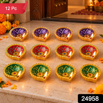 Decorative Painted Clay Diyas with Lotus Motifs and Gold-Tone Rims (12 Pc)