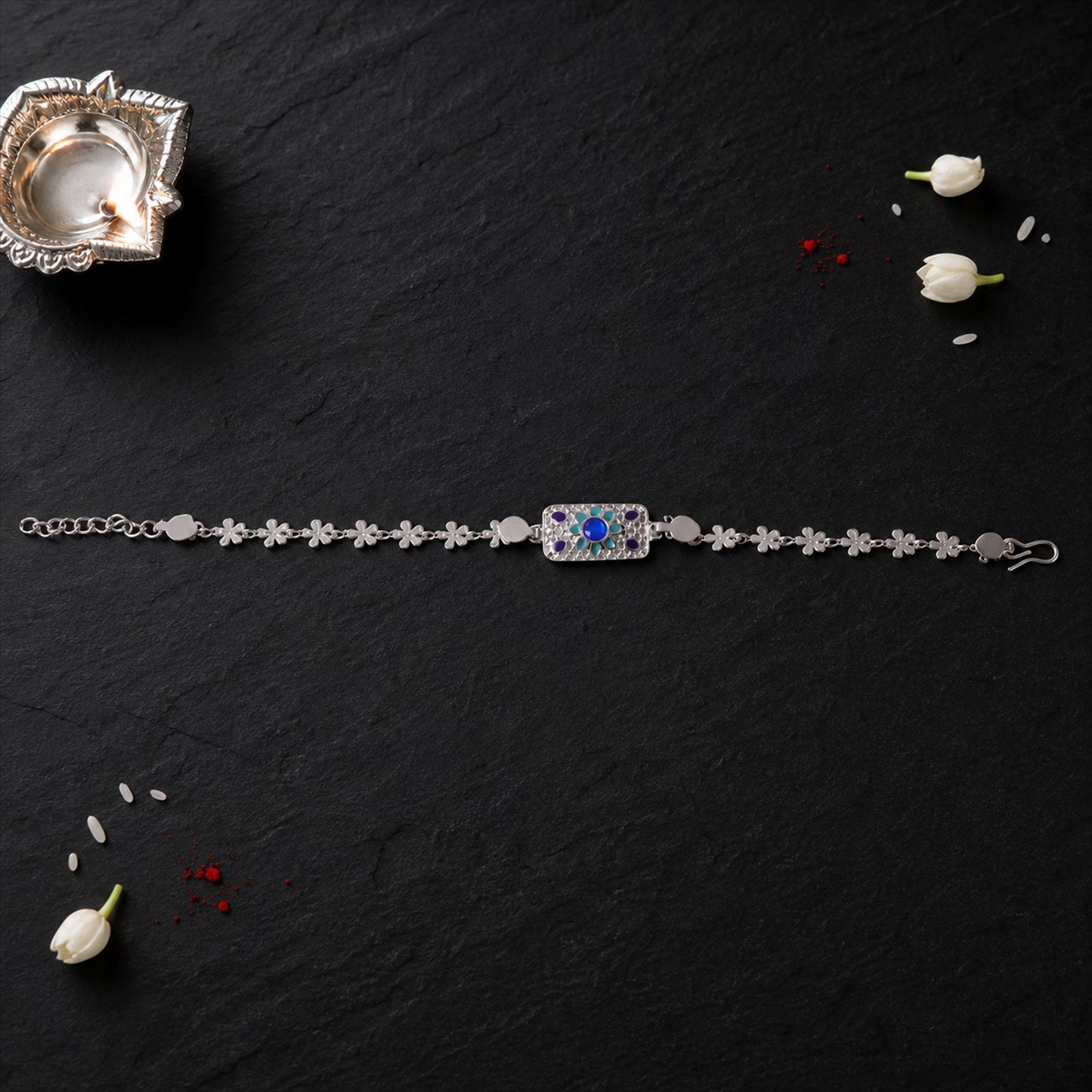 Rectangle Silver Studded Multicolor Enamel Floral Chain Rakhi