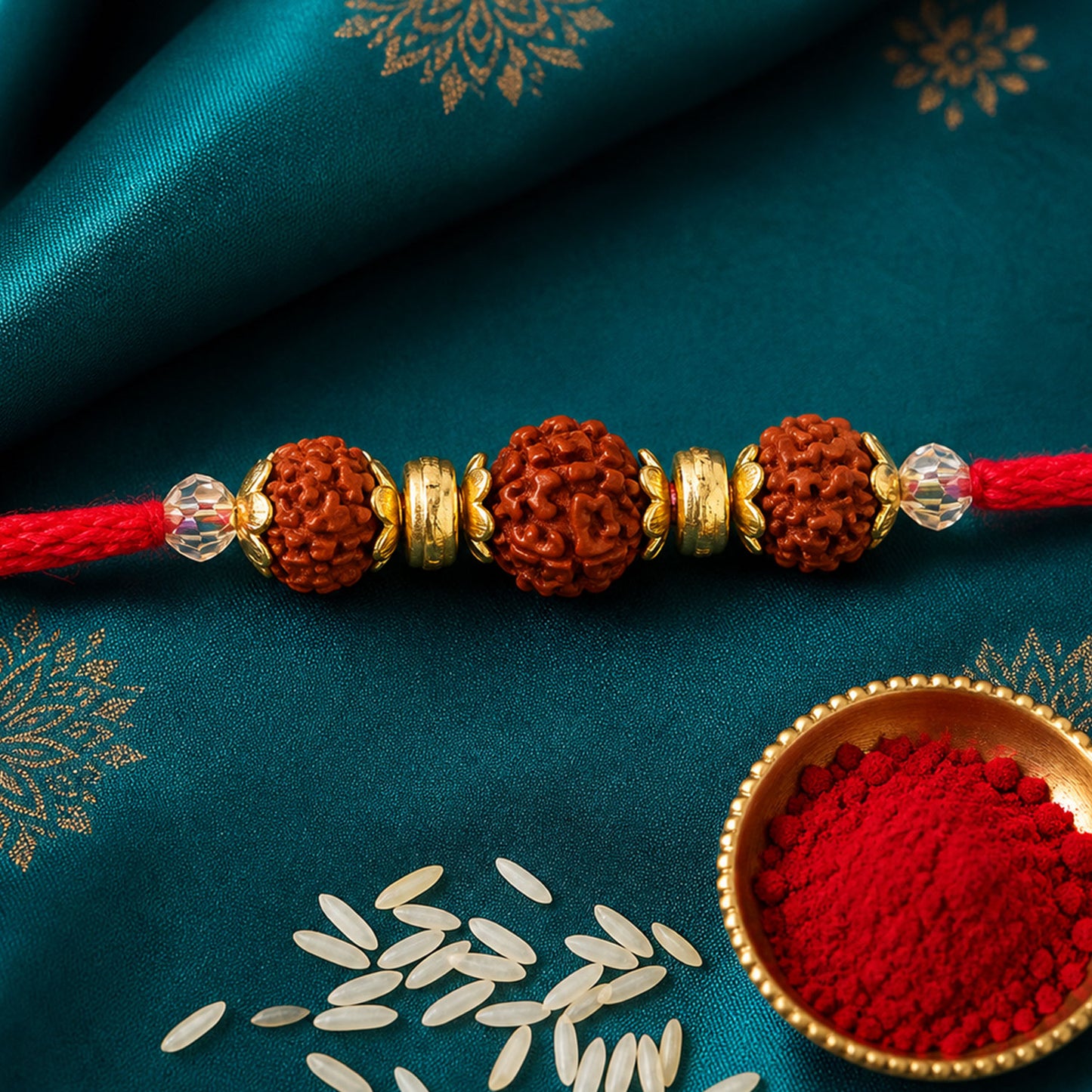 Red Thread Rakhi with Triple Natural Rudraksha Bead Pendant