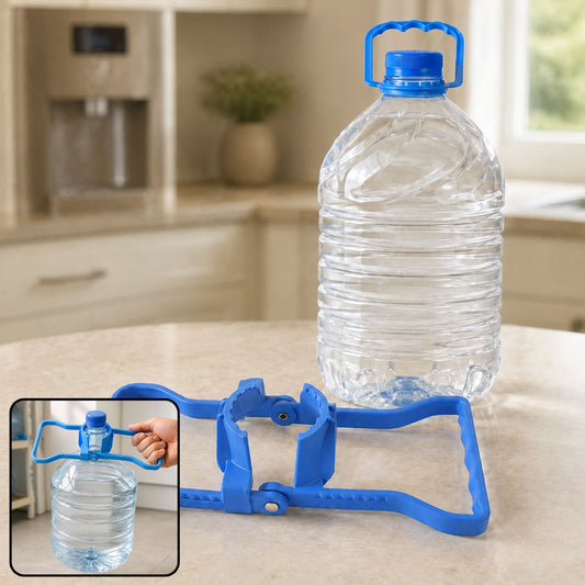 Blue plastic water bottle lifter handle next to a large clear water bottle on a kitchen counter.