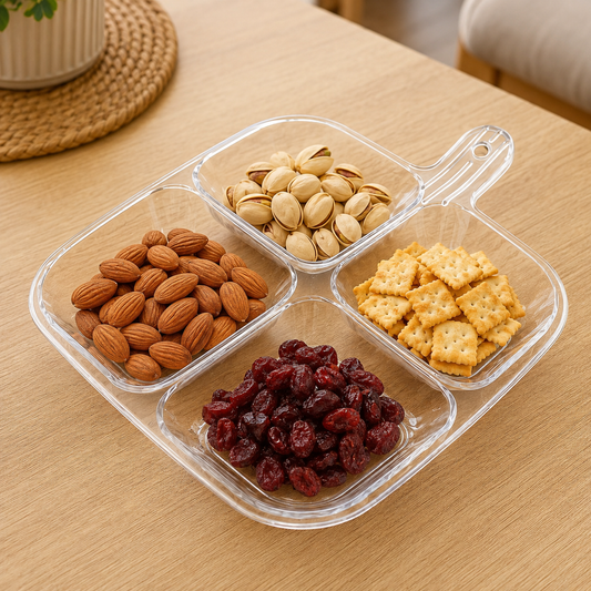 Clear plastic 4-compartment serving tray filled with pistachios, almonds, crackers, and dried cranberries on a wooden table.