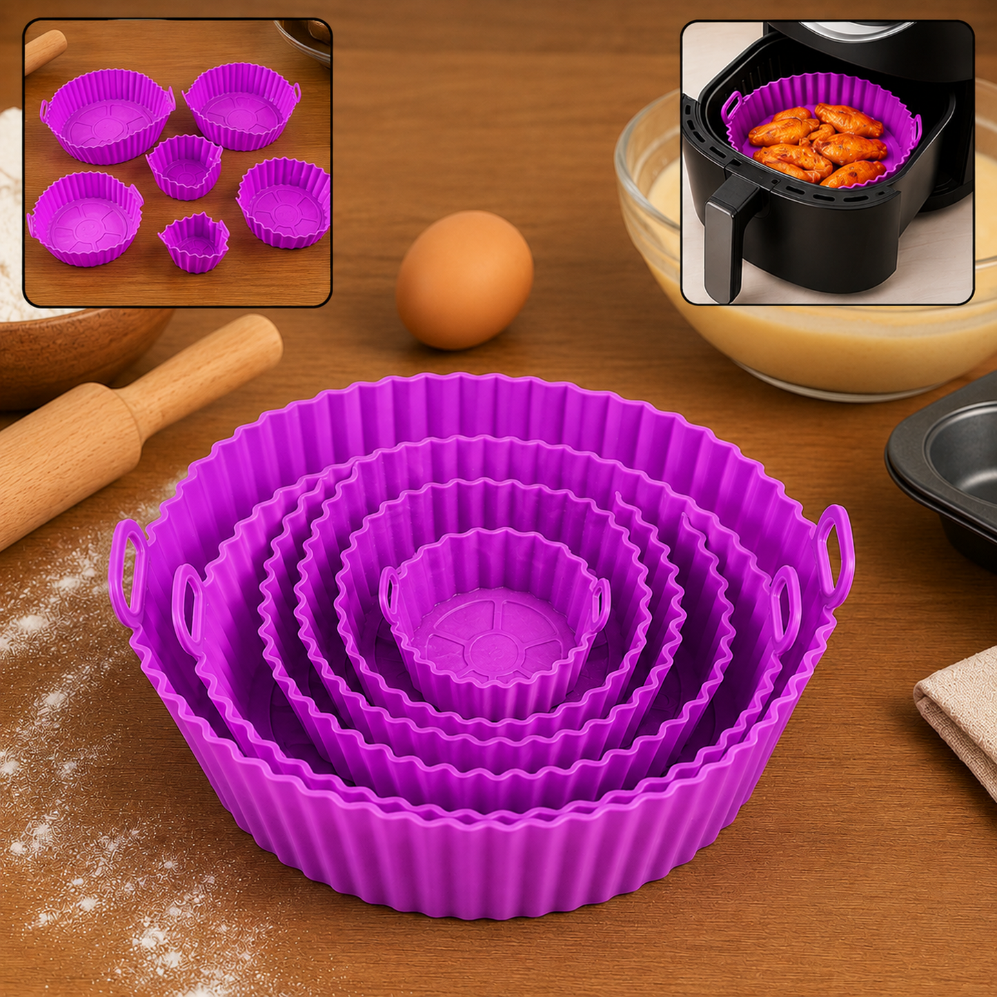 A set of purple silicone air fryer pots with handles, an egg, and a bowl of batter on a wooden surface.