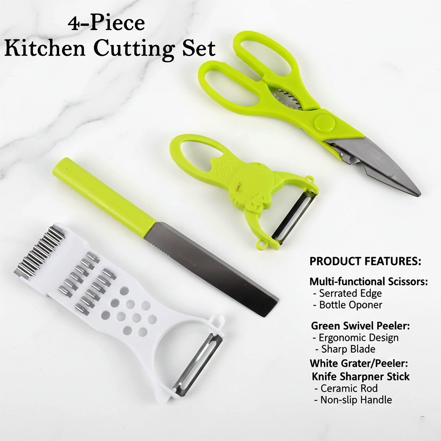 4-Piece Kitchen Cutting Set: Scissors, Peeler, Grater / Slicer, and Knife