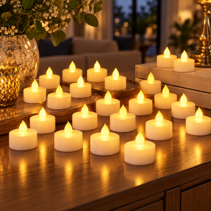 Numerous glowing LED tealight candles arranged on a wooden table, with a vase of flowers and a dimly lit room in the