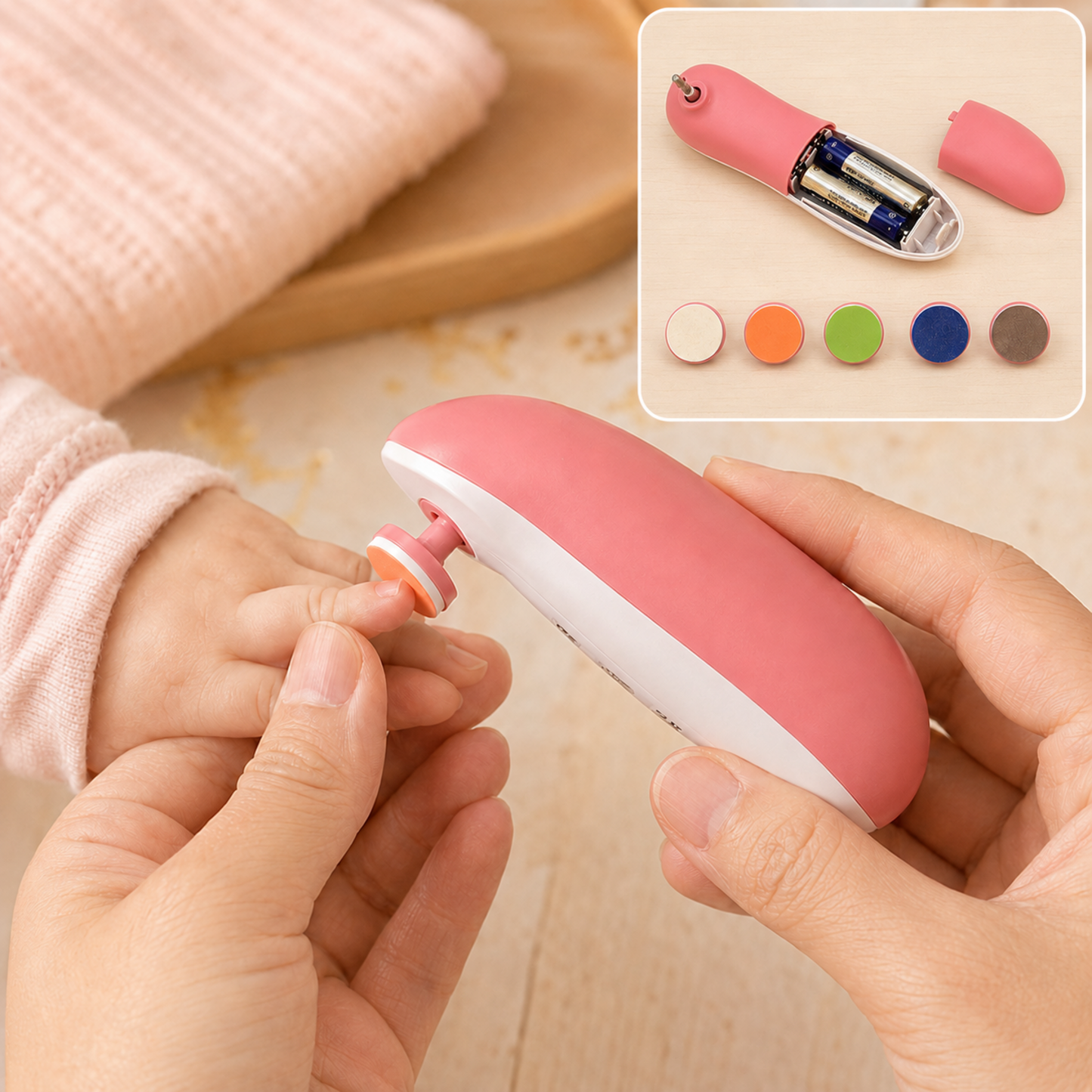 Hands gently trim a baby's nails with a pink electric nail file; inset shows batteries and grinding heads.