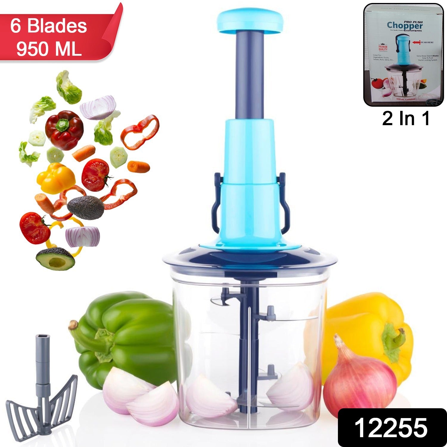 Manual food and fruit chopper with push mechanism