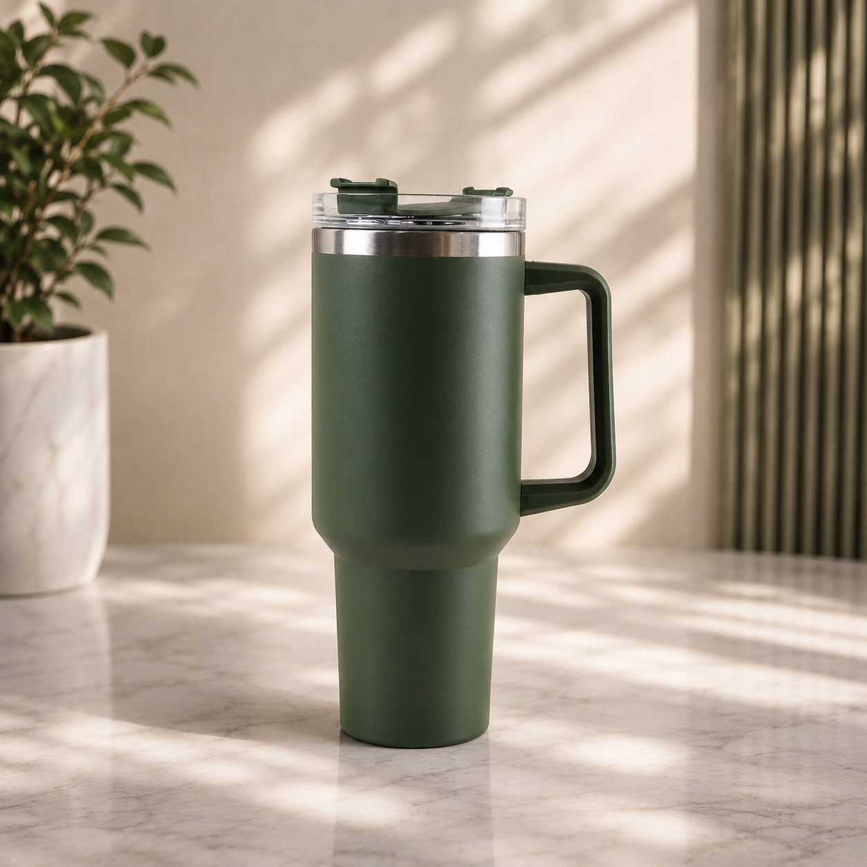A dark green insulated travel mug with a handle and clear lid sits on a marble surface next to a potted plant.