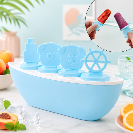 Boat-Shaped Ice Cream Mould with Piggy Design – 4 Cavity Popsicle Maker