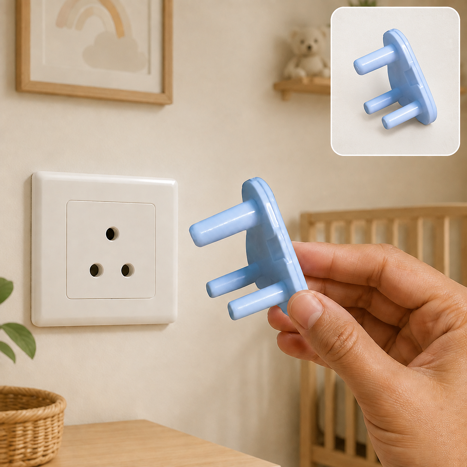 A hand holds a light blue 3-pin socket cover next to a white wall outlet, with a baby's room in the background.