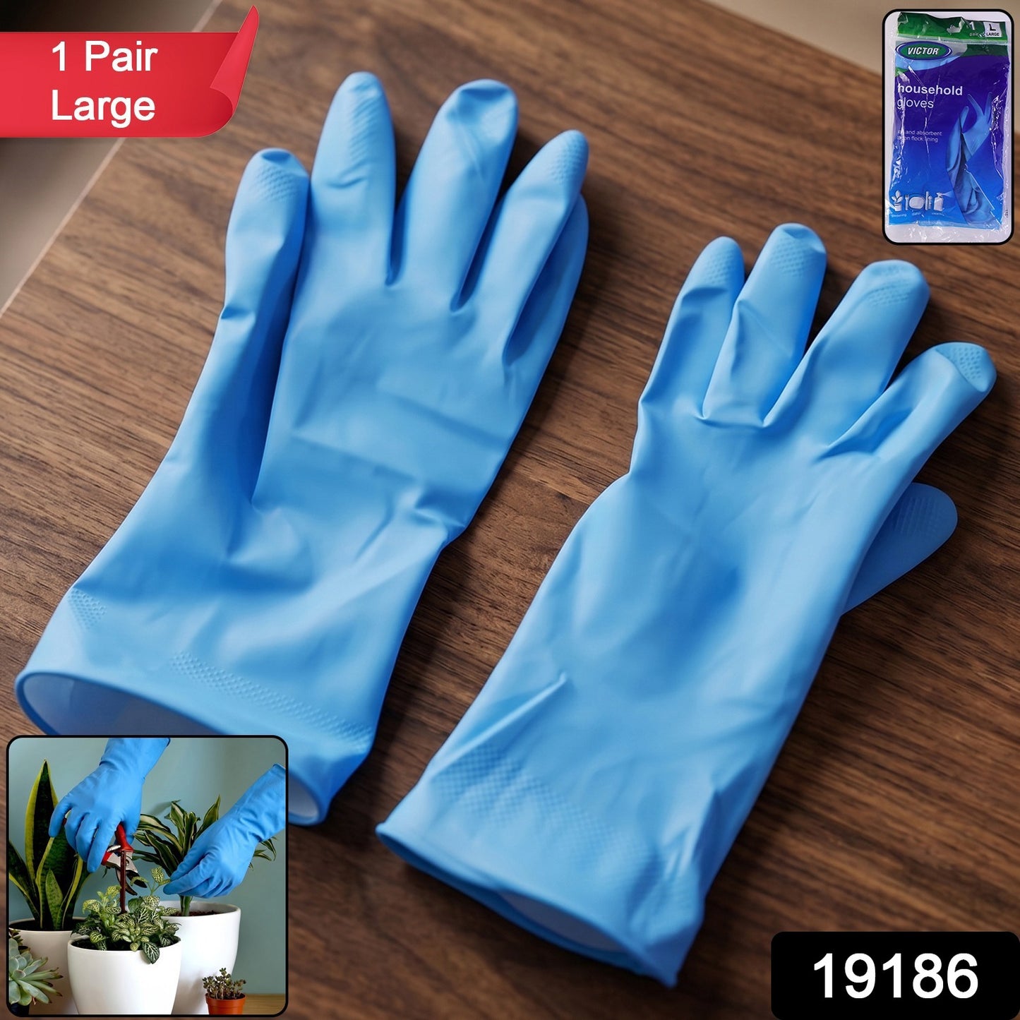Pair of large blue dishwashing gloves