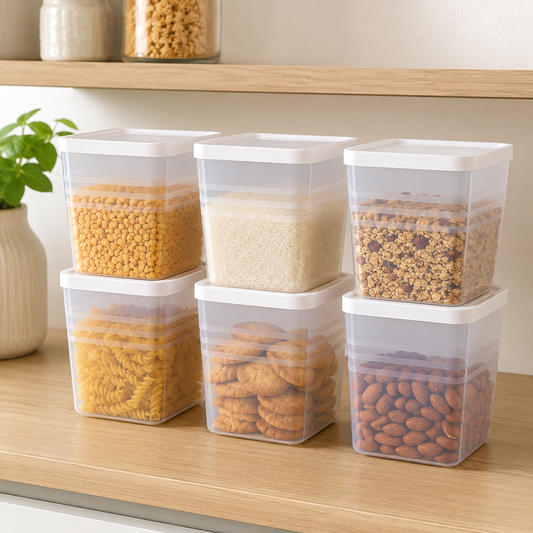 Airtight Square Plastic Food Storage Container Set – 6-Piece Clear Kit