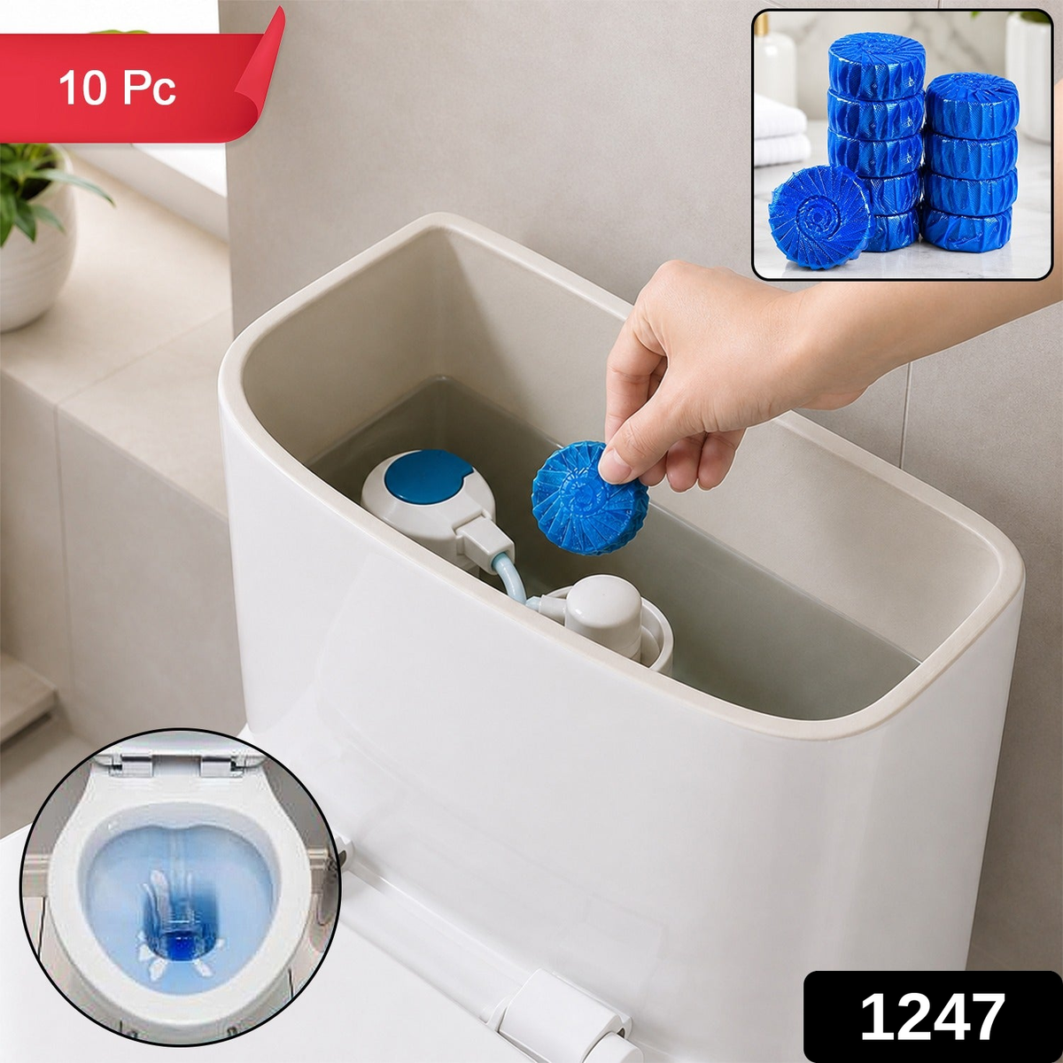 A hand places a blue toilet cleaner tablet into a toilet tank, with an inset showing a blue toilet bowl and a red '10 Pc'