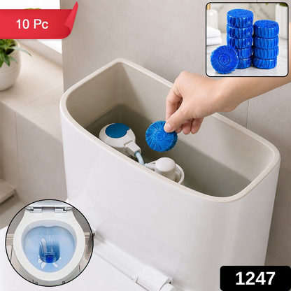 A hand places a blue toilet cleaner tablet into a toilet tank, with an inset showing a blue toilet bowl and a red '10 Pc'