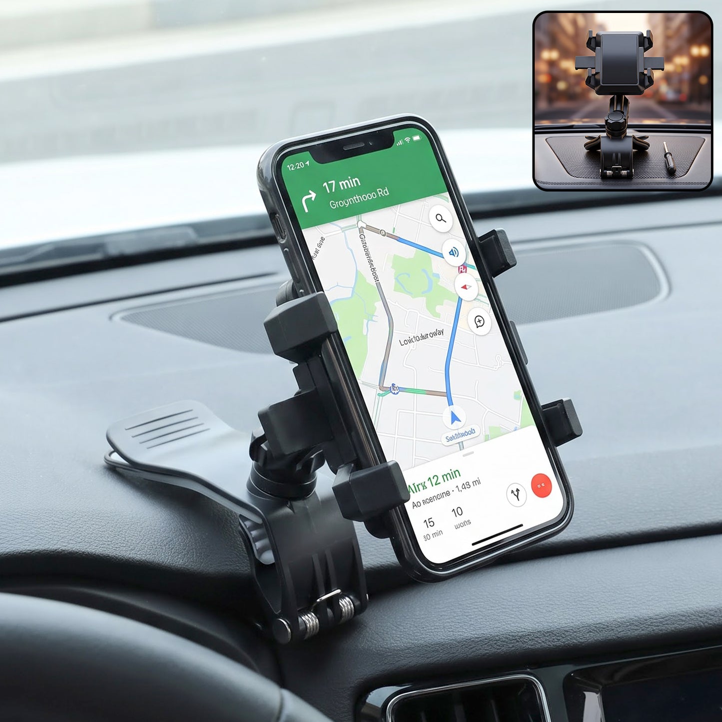 360 degree rotating car phone holder installed on dashboard
