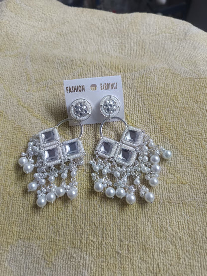 White Plated Kundan Pearl Chandbali Earrings for Women & Girls | Traditional Designer Ethnic Earrings