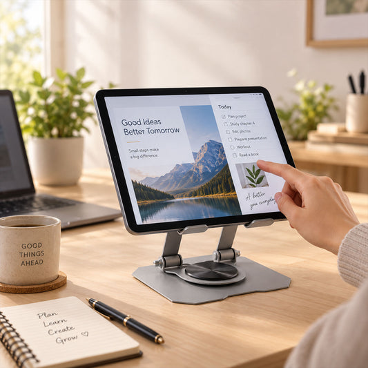 Foldable metal phone and tablet holder - main lifestyle
