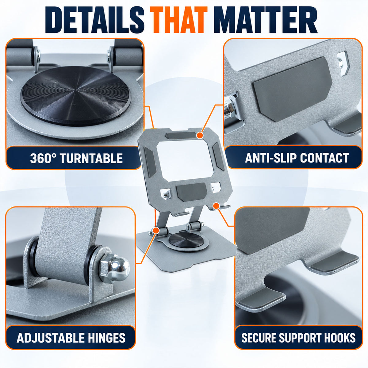 Foldable metal phone and tablet holder - hinges and rotating base
