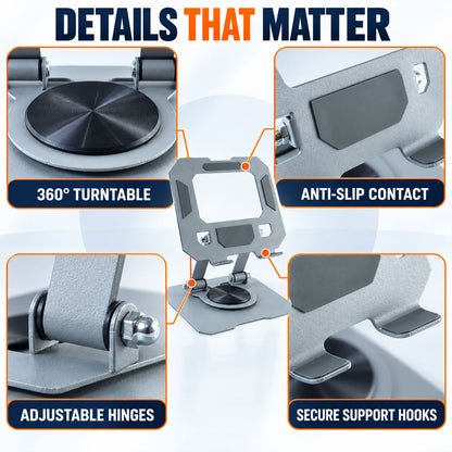 Foldable metal phone and tablet holder - hinges and rotating base