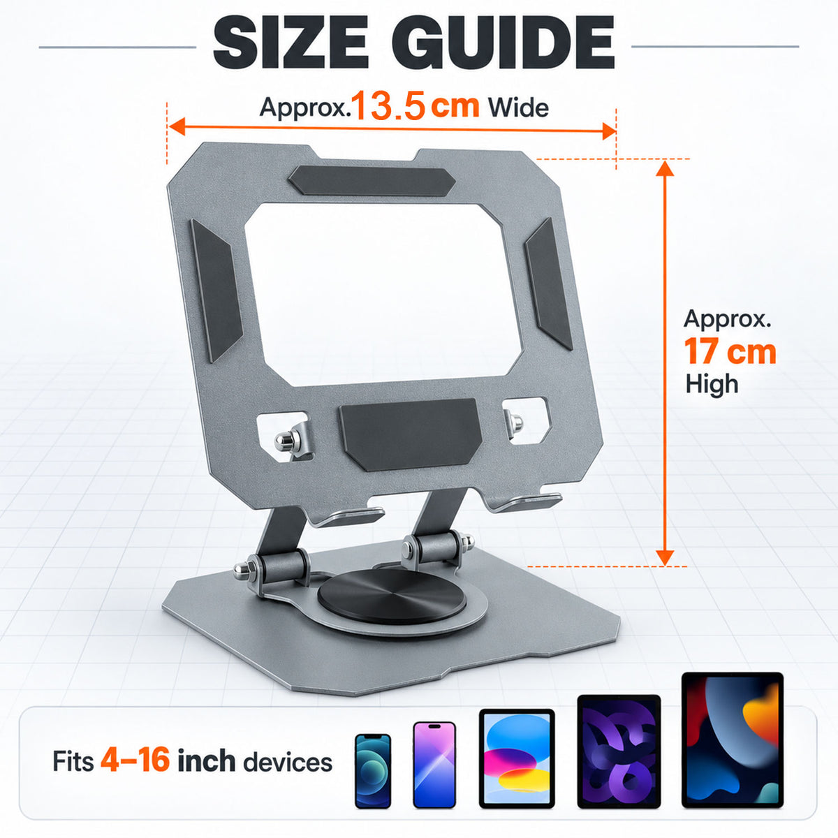 Foldable metal phone and tablet holder - dimensions