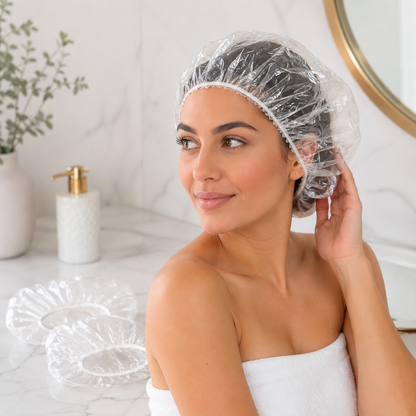 A woman with dark hair wears a clear disposable shower cap in a bright white bathroom.