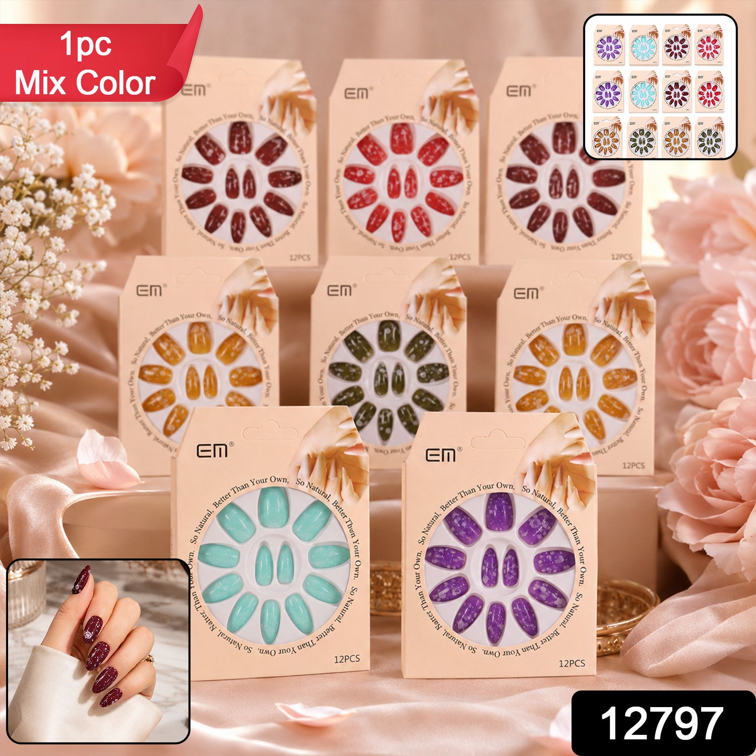 Premium Long Coffin Press-On False Nail with 3D Embellishments (1 Pc)