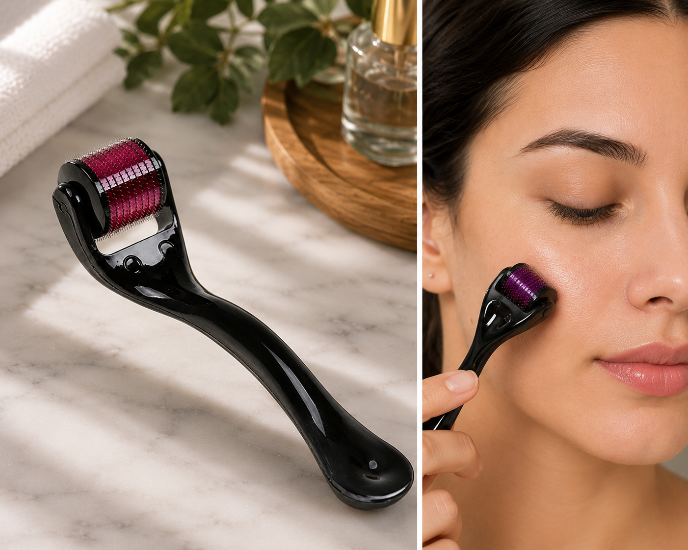 A black derma roller with a purple head sits on a marble surface next to a woman using another on her cheek.