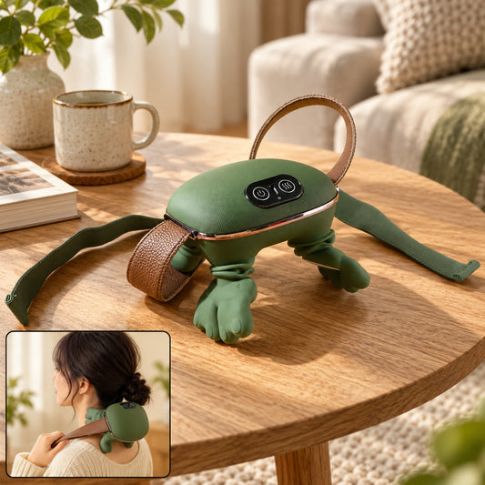 Green bionic massager with brown straps resting on a wooden table, with a smaller inset image of a woman using it on her