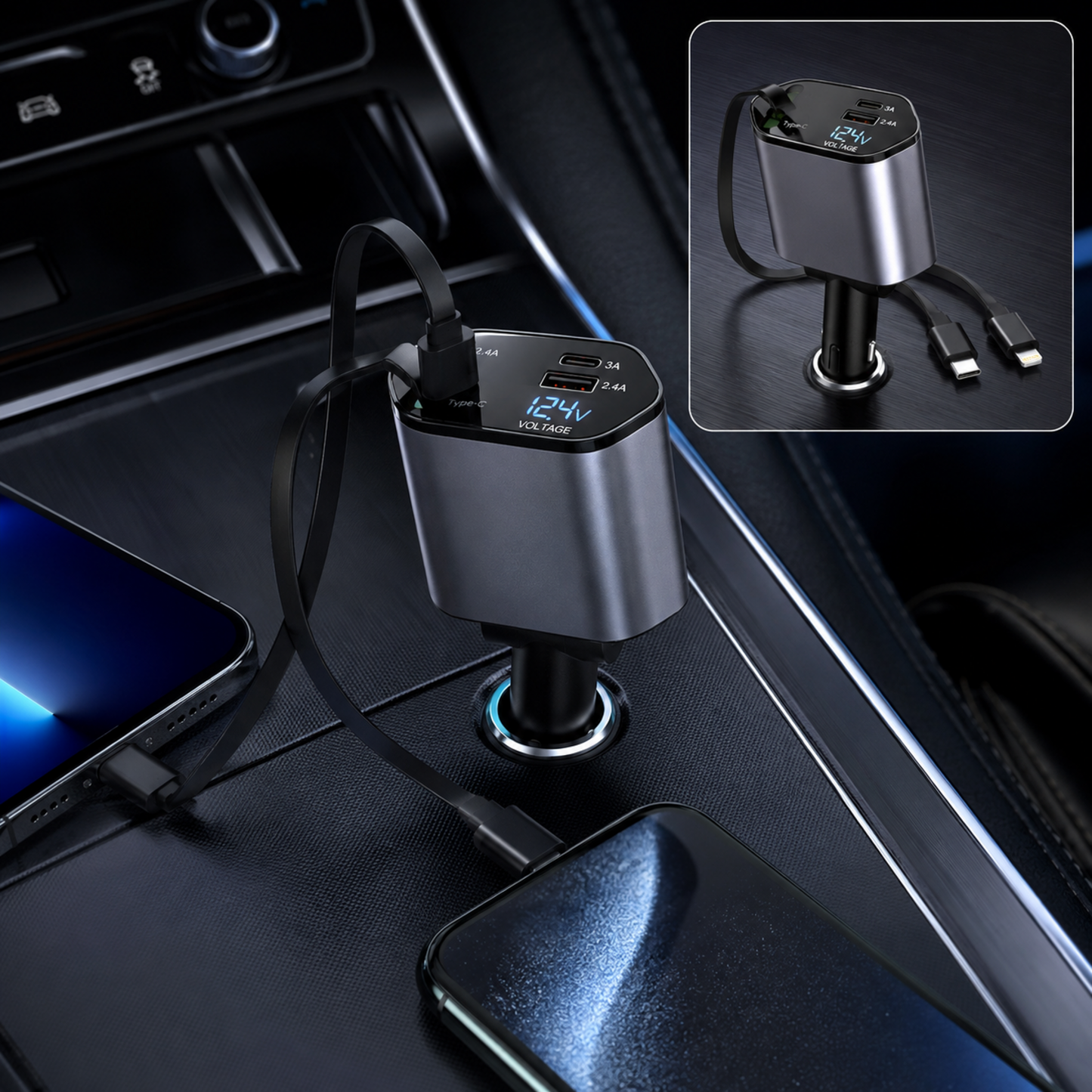 4-in-1 Car Charger – Dual Cables & 120W Super Fast Power