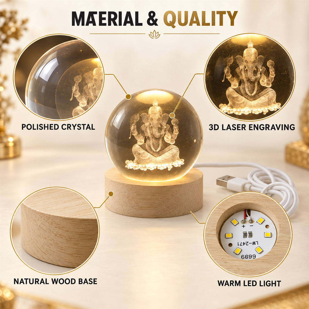 USB Powered Ganpati Crystal Ball LED Lamp with Wooden Base for Home Decoration
