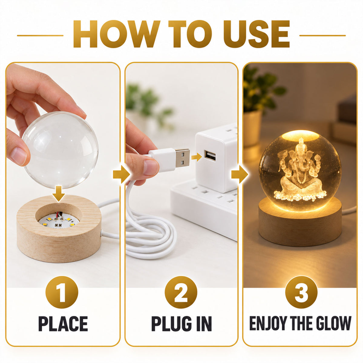USB Powered Ganpati Crystal Ball LED Lamp with Wooden Base for Home Decoration