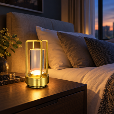 A glowing brass and glass lantern-style lamp sits on a wooden bedside table in a cozy bedroom at dusk.