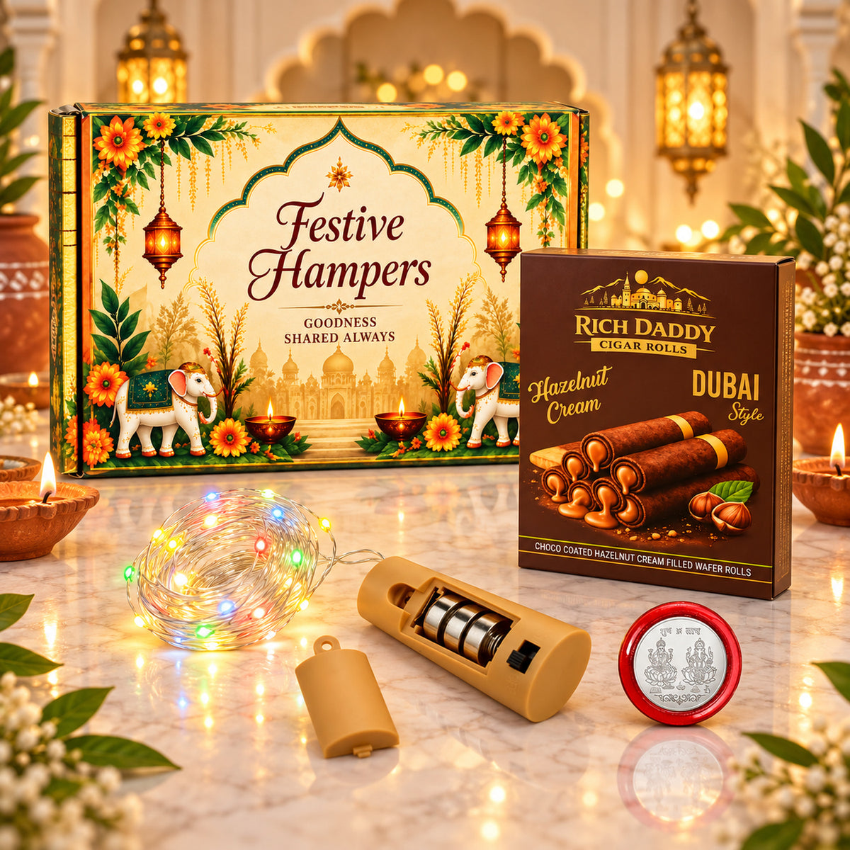 Multicolour Copper Wire Lights & Hazelnut Wafer Rolls Festive Gift Hamper