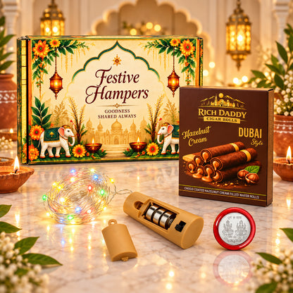 Multicolour Copper Wire Lights & Hazelnut Wafer Rolls Festive Gift Hamper